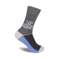 Crew socks in grey and blue, featuring the text 'I still live with my parents' in white.