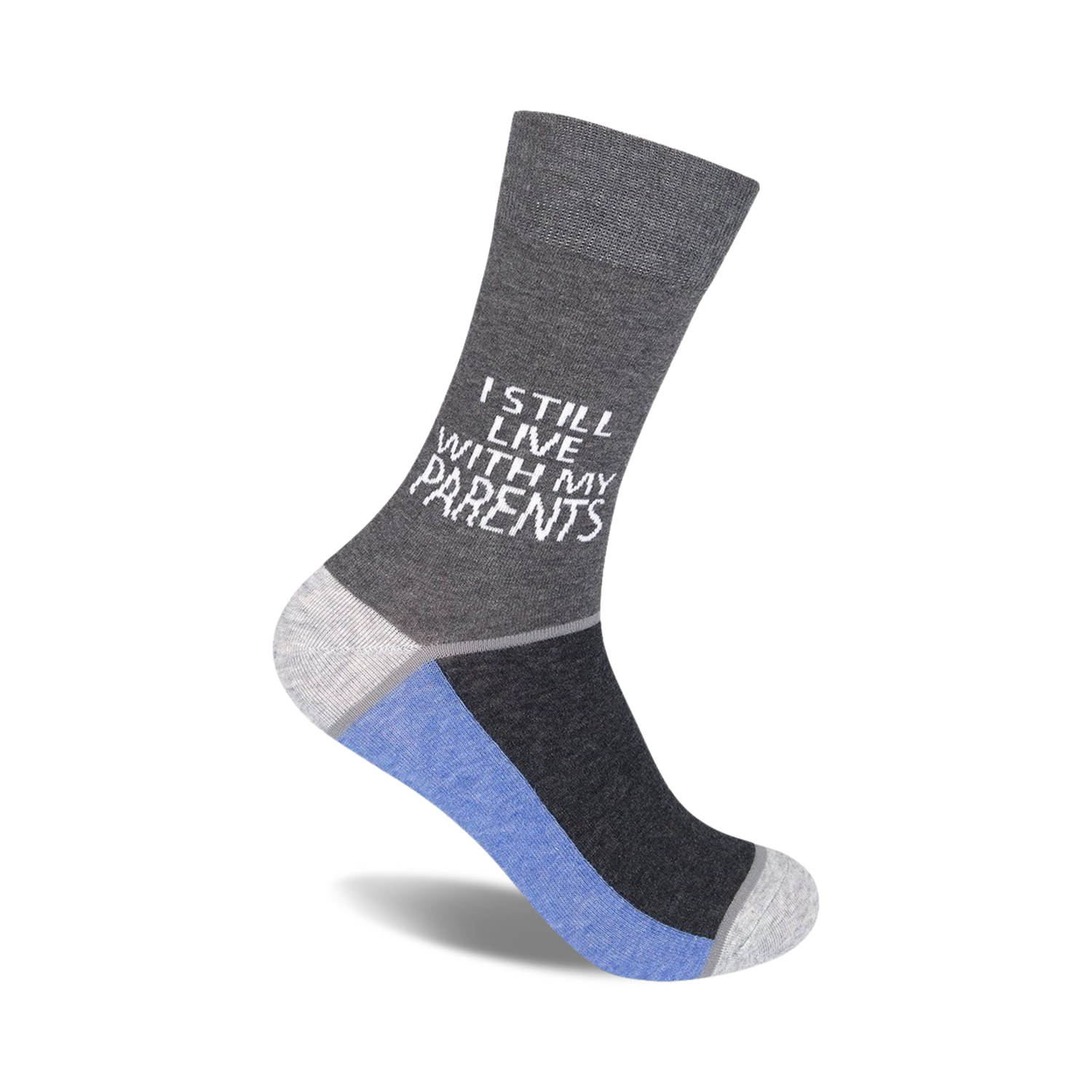 Crew socks in grey and blue, featuring the text 'I still live with my parents' in white.