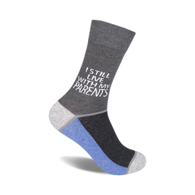 gray cotton crew socks that read 'i still live with my parents'   