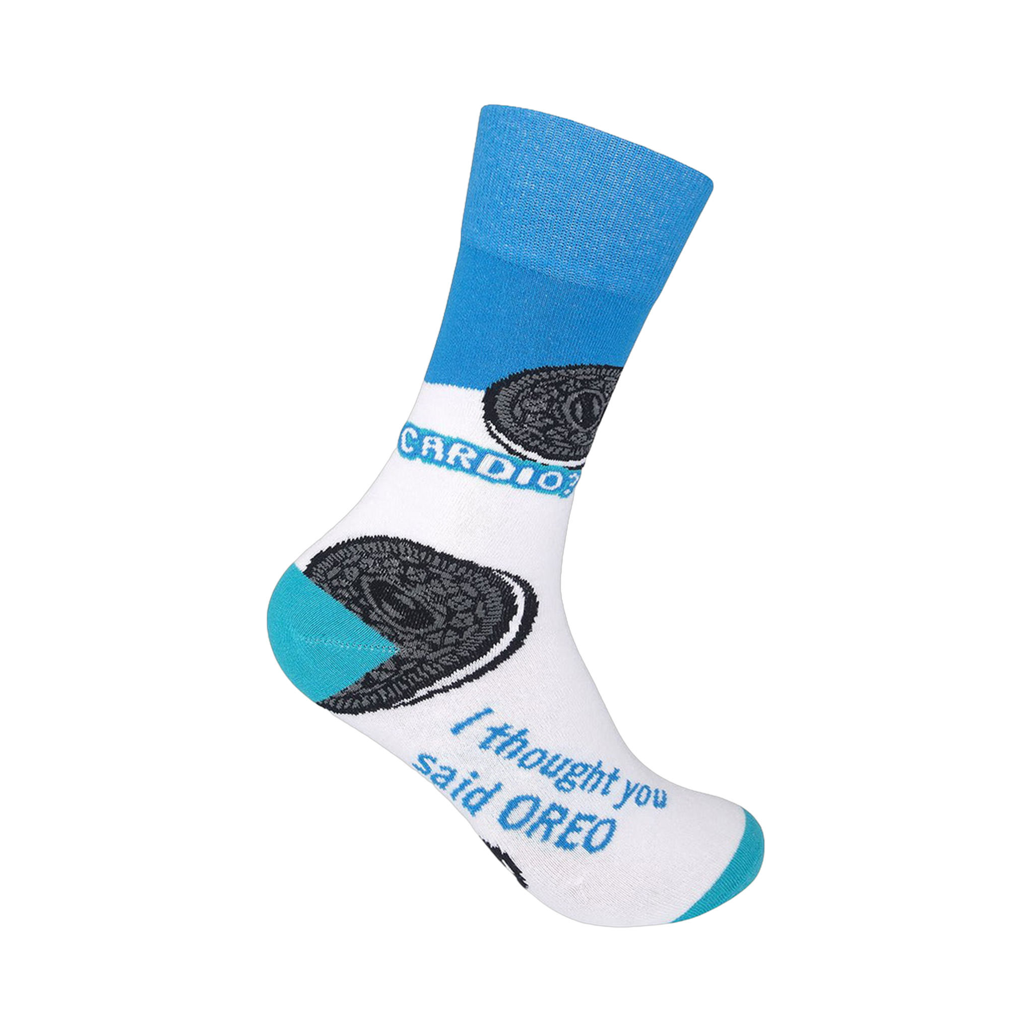 Crew socks in white, teal, and light blue.  Oreo cookies are printed on the socks, along with the phrase, 'I thought you said Oreo'.