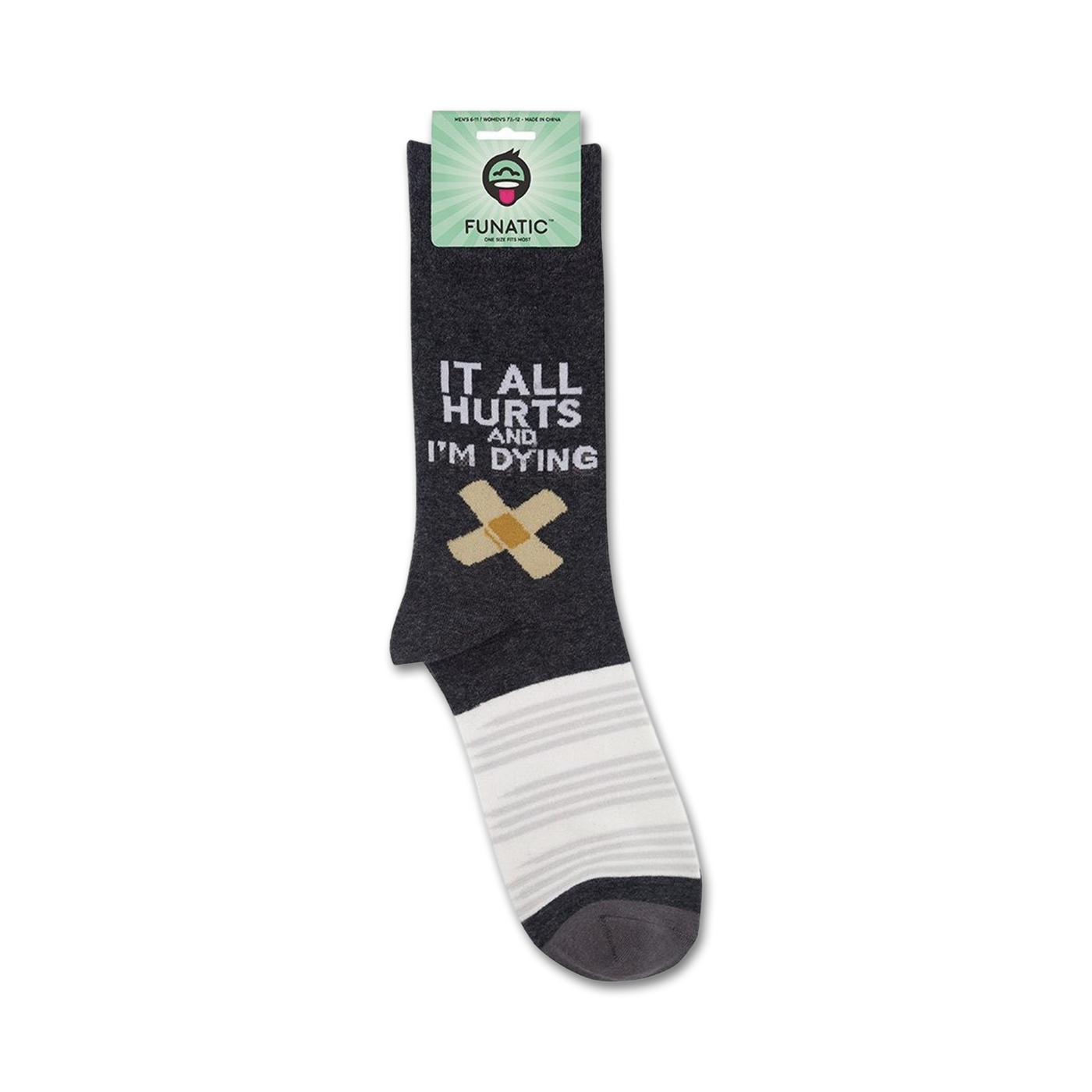 Product shot of 'It All Hurts And I'm Dying' socks on their packaging.
