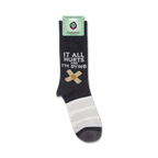 Product shot of 'It All Hurts And I'm Dying' socks on their packaging.