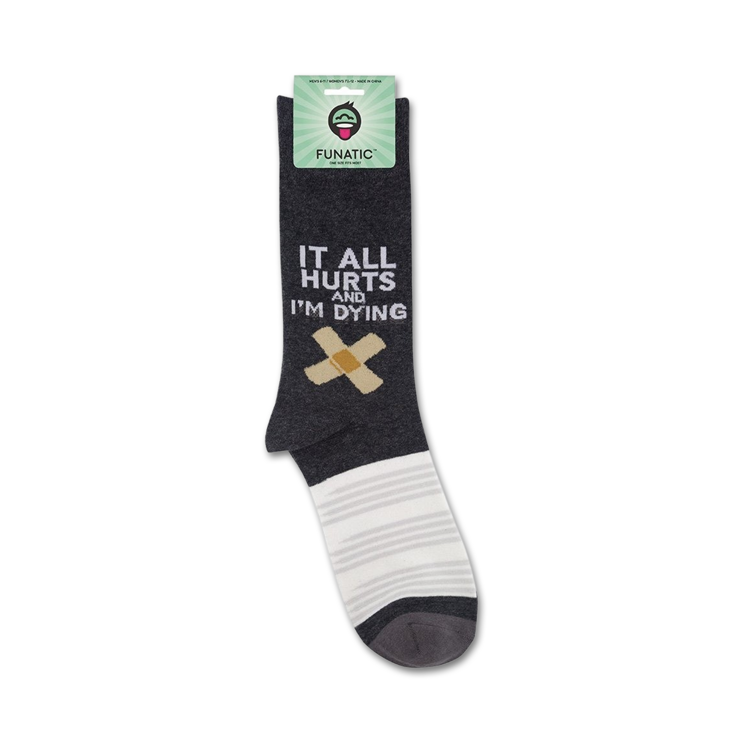 Product shot of 'It All Hurts And I'm Dying' socks on their packaging.