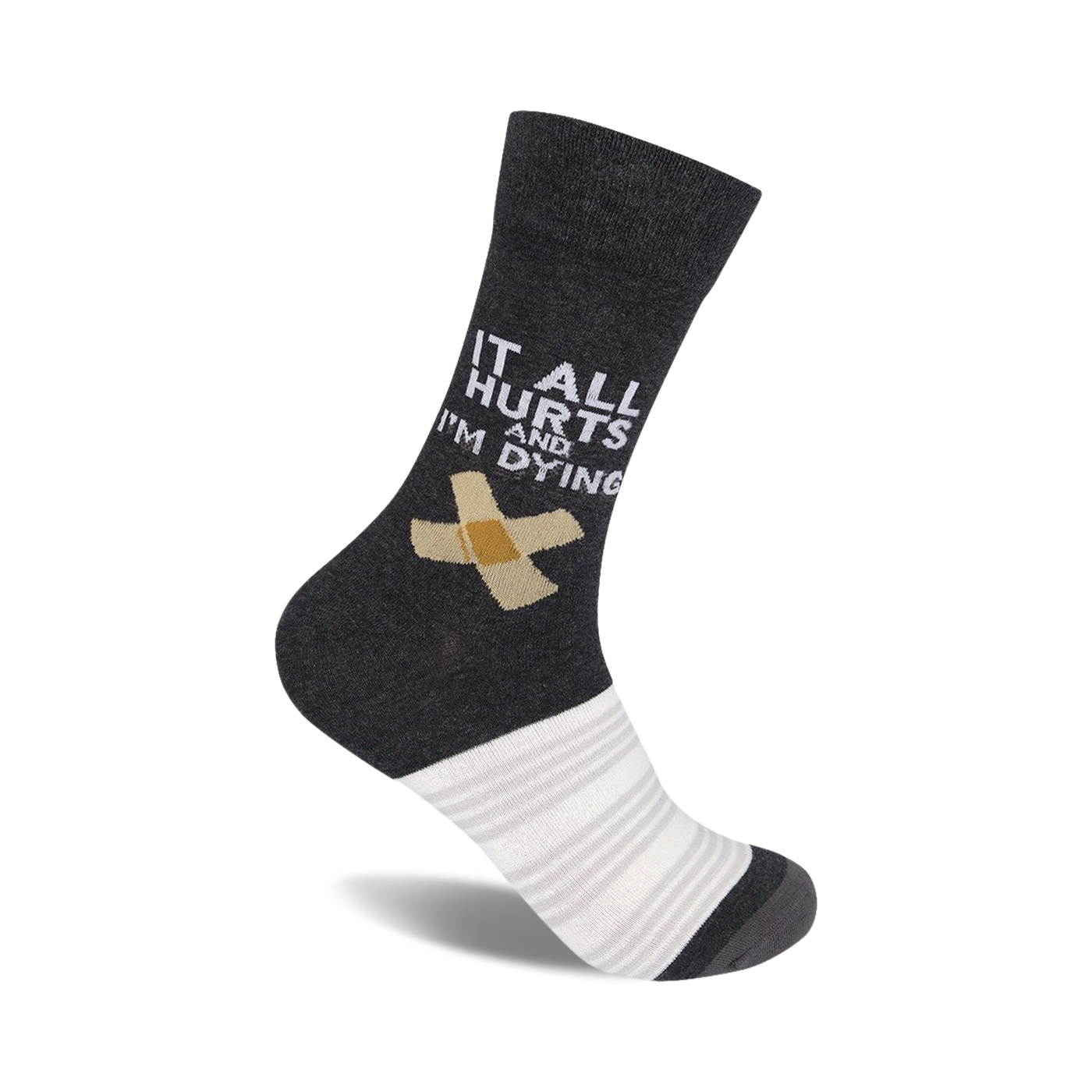 Dark grey crew socks with a white bandage graphic and the text 'It All Hurts And I'm Dying'.  Features a white and grey striped cuff.