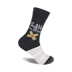 Dark grey crew socks with a white bandage graphic and the text 'It All Hurts And I'm Dying'.  Features a white and grey striped cuff.