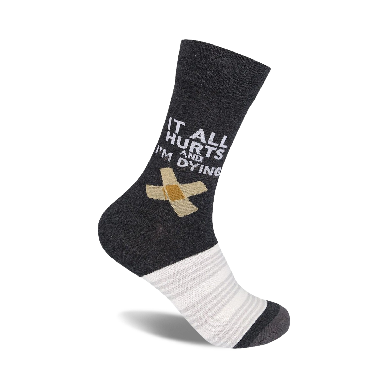 Dark grey crew socks with a white bandage graphic and the text 'It All Hurts And I'm Dying'.  Features a white and grey striped cuff.