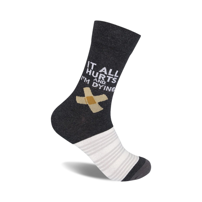 dark gray crew socks with white stripes, white toe. 