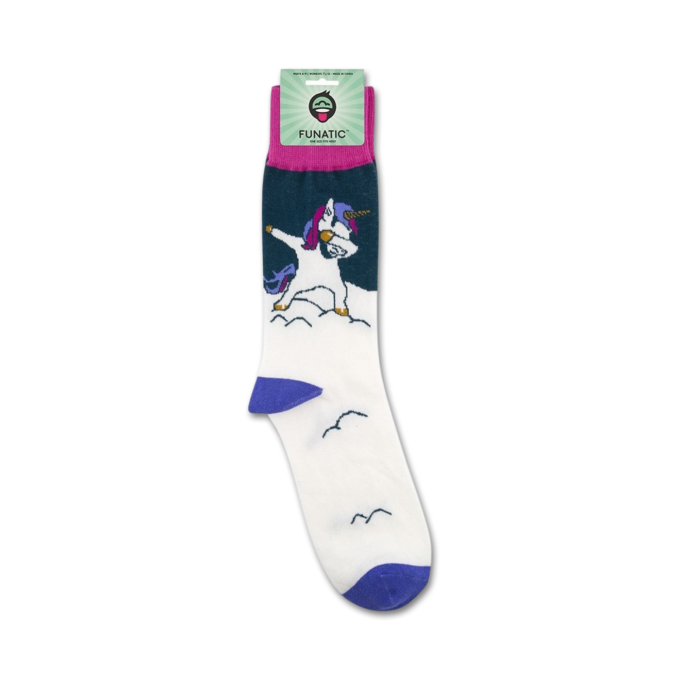Flatlay product shot of the Dabbing Unicorn socks showing the sock packaging.