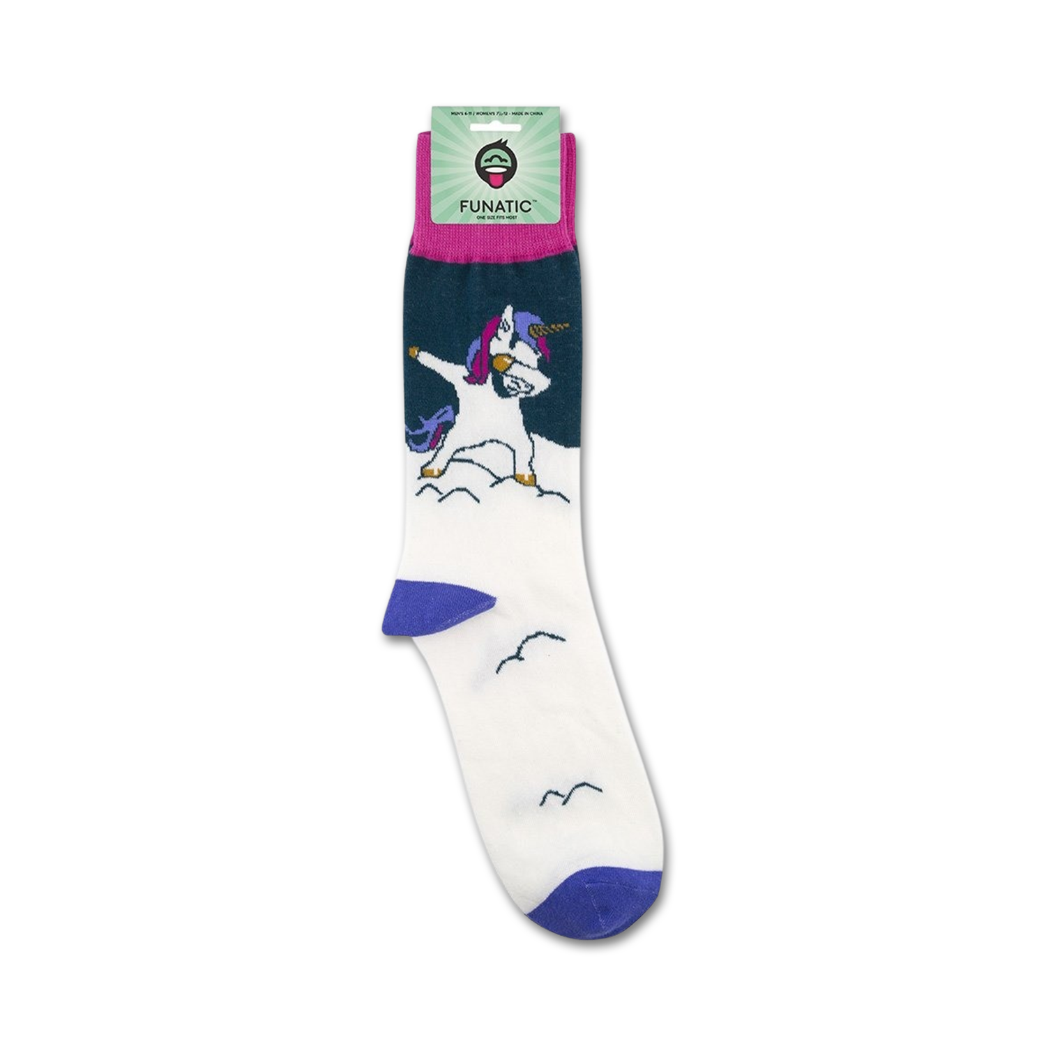 Flatlay product shot of the Dabbing Unicorn socks showing the sock packaging.