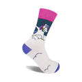 Cream crew socks with a dabbing unicorn, pink and teal accents, and purple cuffs.