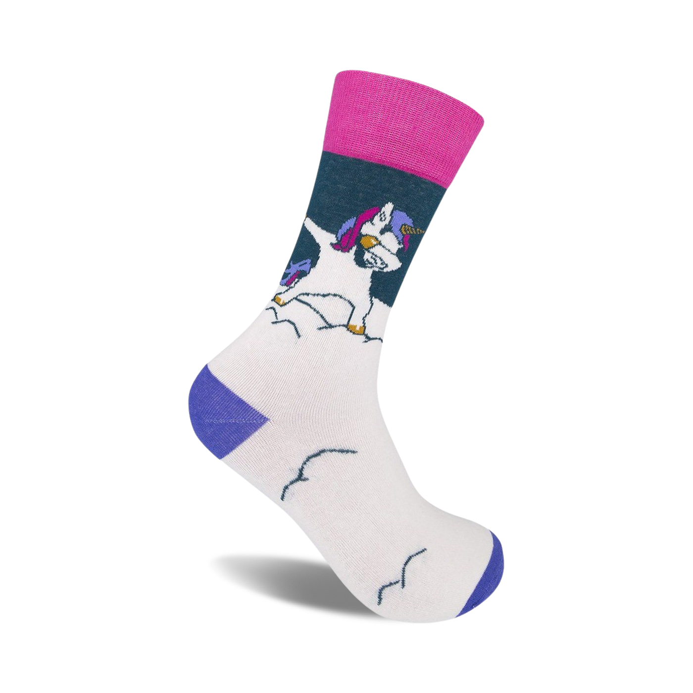 Cream crew socks with a dabbing unicorn, pink and teal accents, and purple cuffs.