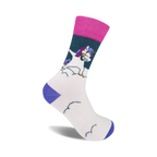 Cream crew socks with a dabbing unicorn, pink and teal accents, and purple cuffs.