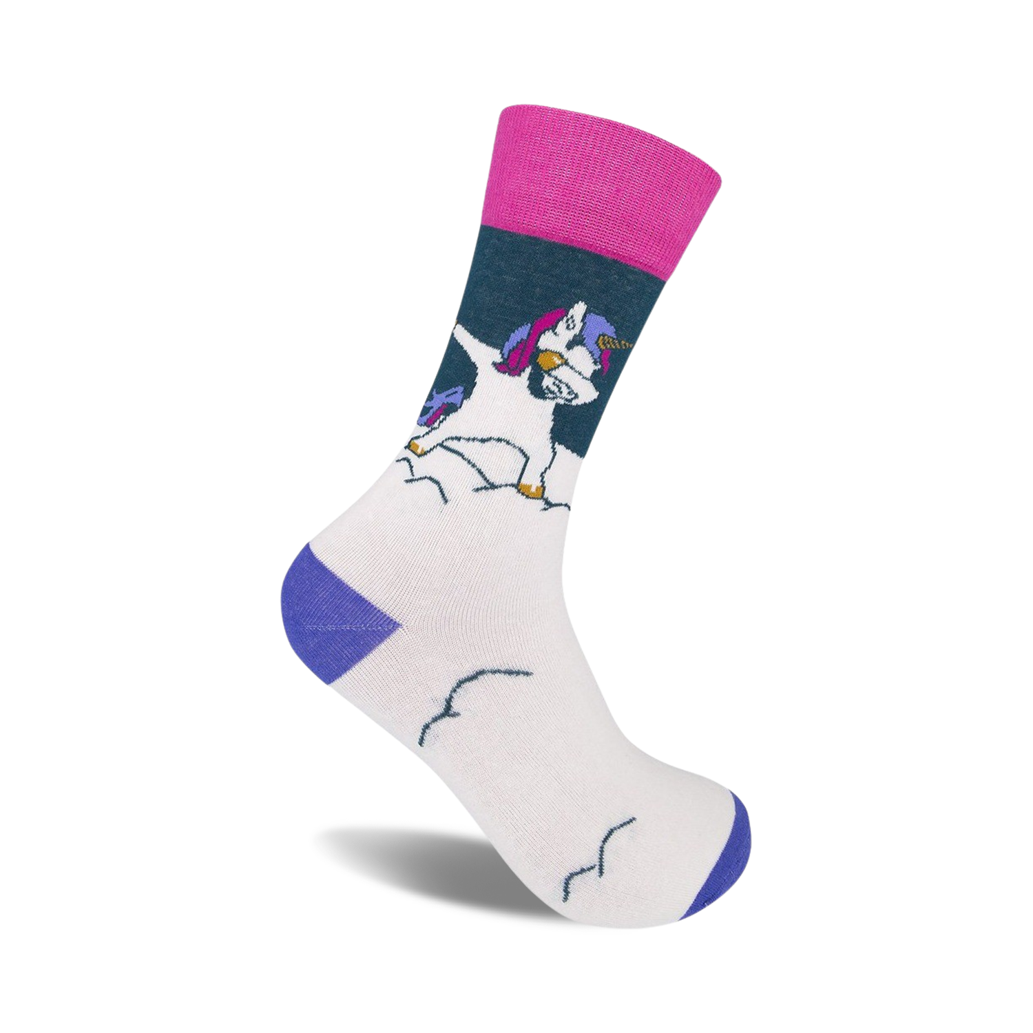 Cream crew socks with a dabbing unicorn, pink and teal accents, and purple cuffs.