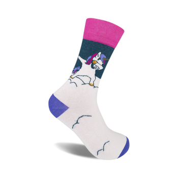 purple toe, heel, and cuff with cartoon dabbing unicorn, rainbow mane, tail, and sunglasses  