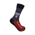 Crew socks in navy, red, and black.  Feature a coffee cup in headphones and the text 'Let's NPR and chill.'