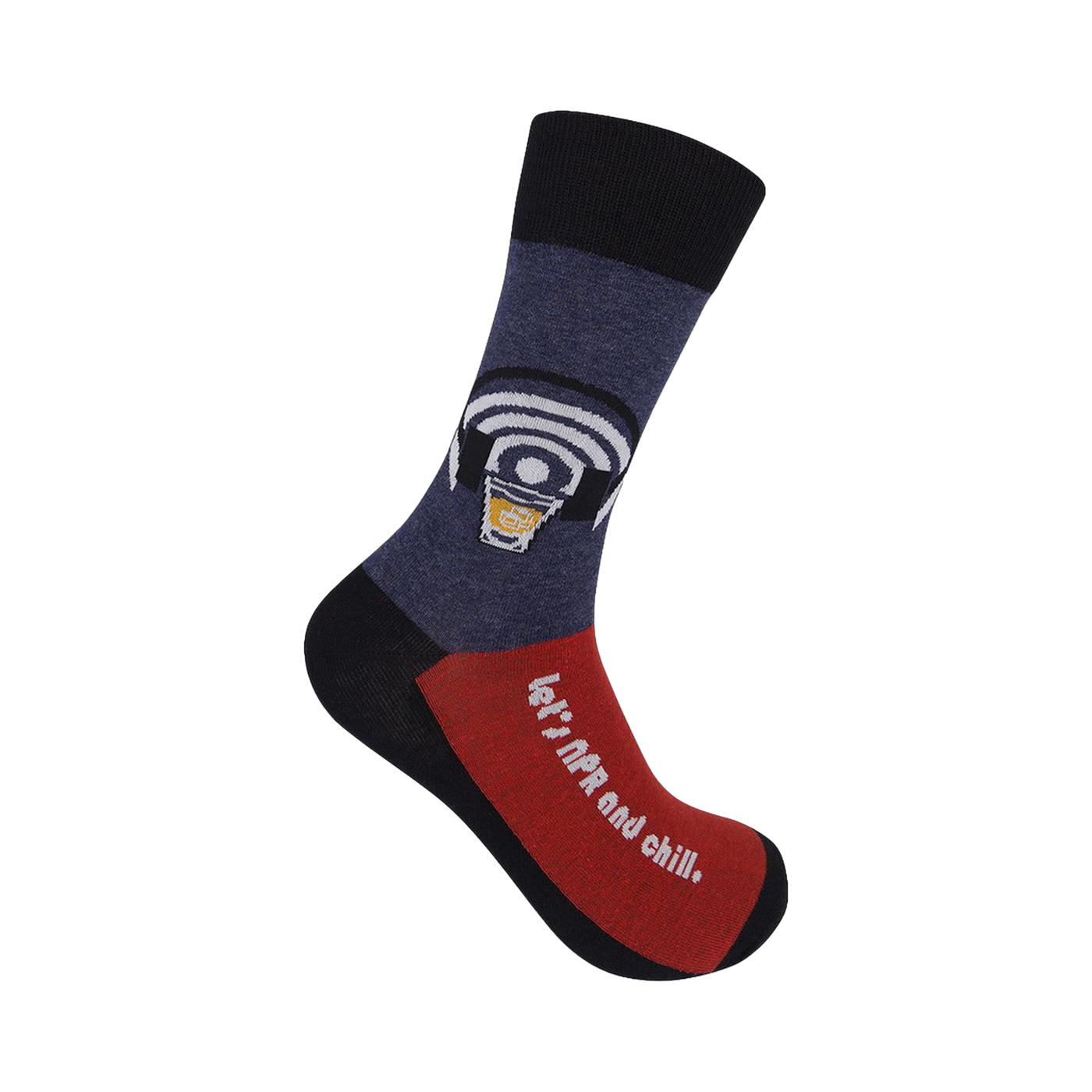 Crew socks in navy, red, and black.  Feature a coffee cup in headphones and the text 'Let's NPR and chill.'