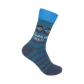 Crew socks in teal and grey featuring a pair of cartoon eyes and the text 'I Woke Up Tired'.