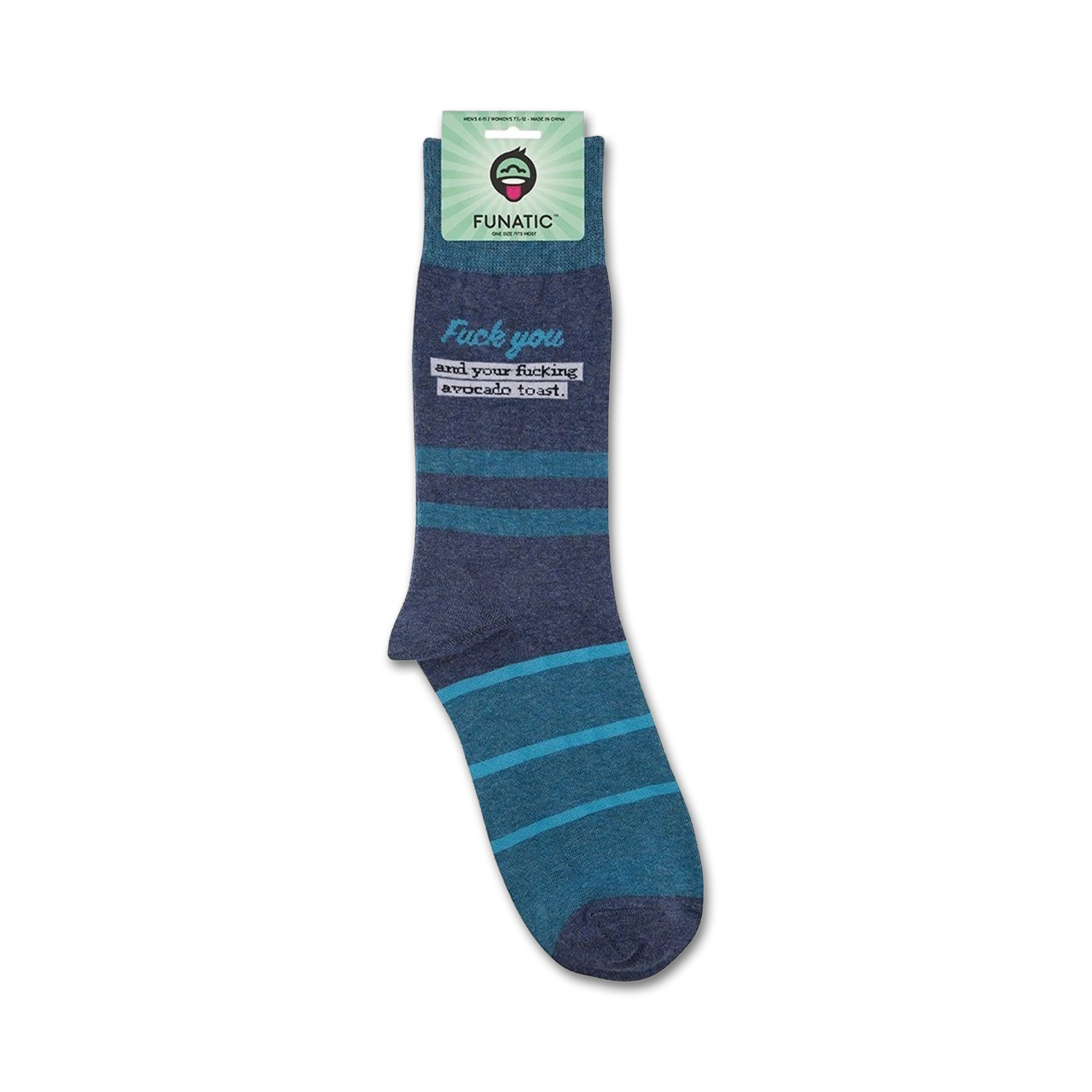 Packaging shot of 'Fuck You And Your Fucking Avocado Toast' socks, showing the socks on the card.