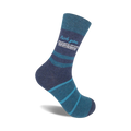 Crew socks in teal and dark gray with horizontal stripes and the phrase 'Fuck you and your fucking avocado toast'.