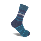 Crew socks in teal and dark gray with horizontal stripes and the phrase 'Fuck you and your fucking avocado toast'.