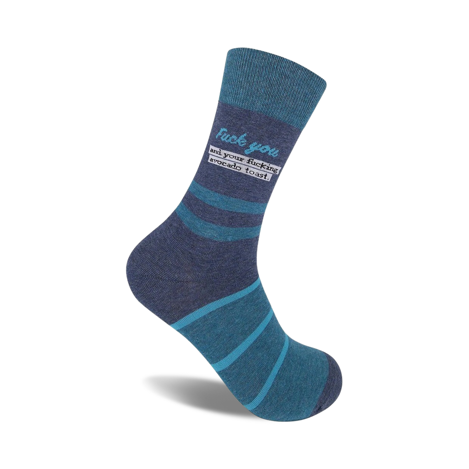 Crew socks in teal and dark gray with horizontal stripes and the phrase 'Fuck you and your fucking avocado toast'.