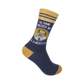 Crew socks in navy blue and mustard yellow.  The design includes a cartoon man and the text 'Ya Done Messed Up A-A-Mercia'.