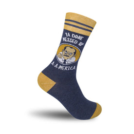 blue socks with yellow stripes, featuring a cartoon character wearing a suit and hat, pointing and holding a cigar, with the phrase "ya done messed up a-a-merica"  