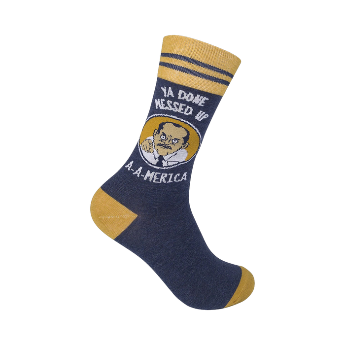 Crew socks in navy blue and mustard yellow.  The design includes a cartoon man and the text 'Ya Done Messed Up A-A-Mercia'. }}