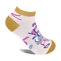 Cream ankle socks with a mustard yellow cuff.  The design features abstract shapes and lines in pink, blue, and other colors.
