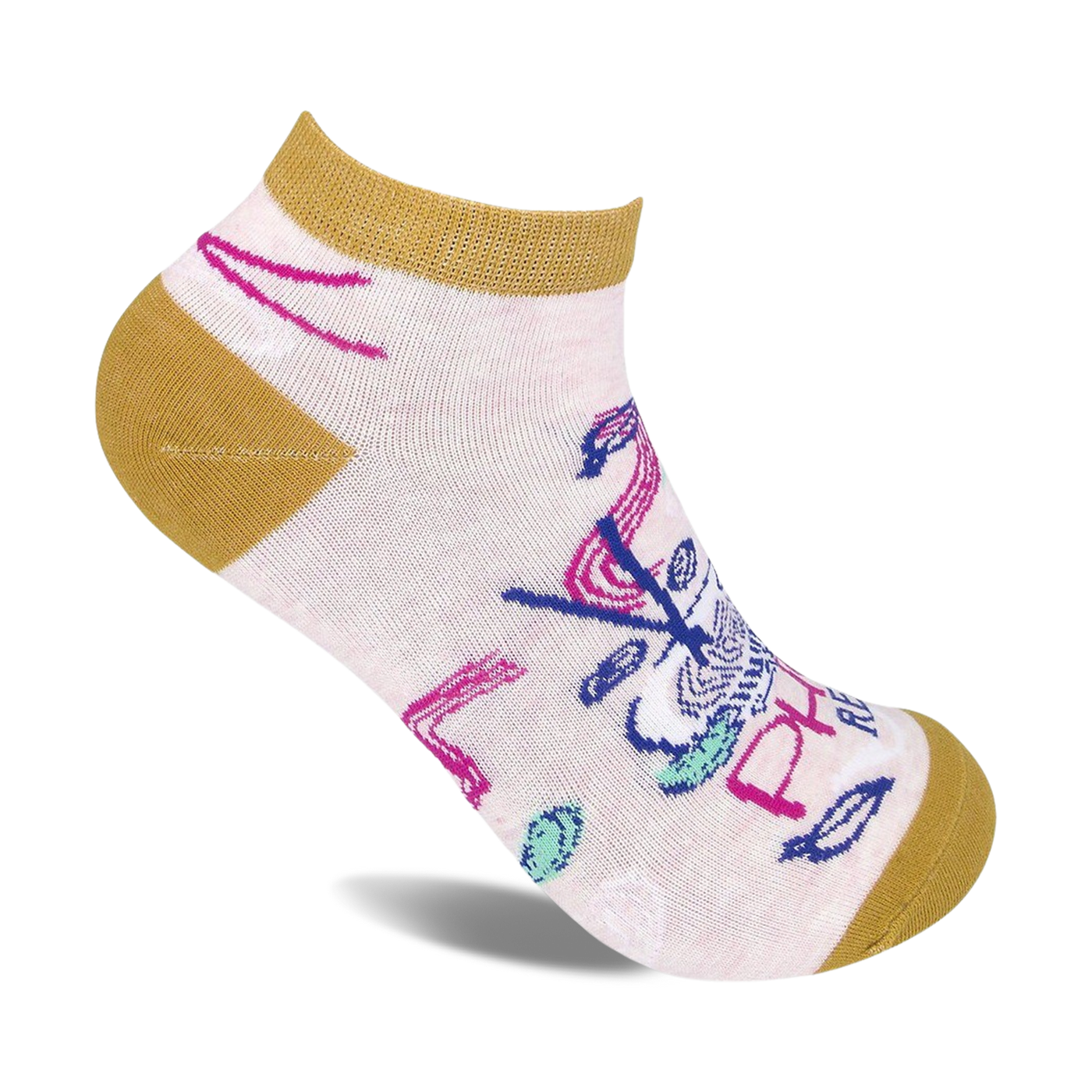 Cream ankle socks with a mustard yellow cuff.  The design features abstract shapes and lines in pink, blue, and other colors.