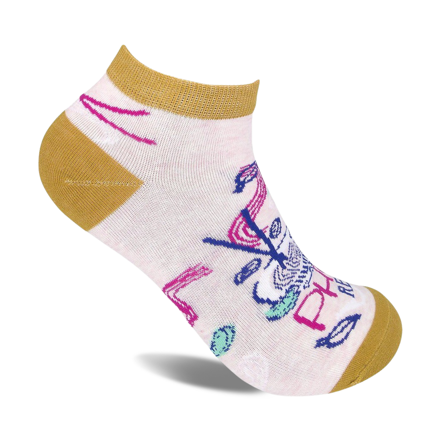 Cream ankle socks with a mustard yellow cuff.  The design features abstract shapes and lines in pink, blue, and other colors.