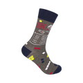 Crew socks in grey and navy blue with a retro video game-themed design, including pixelated graphics, a score screen, and the text 'Video Game Master'.