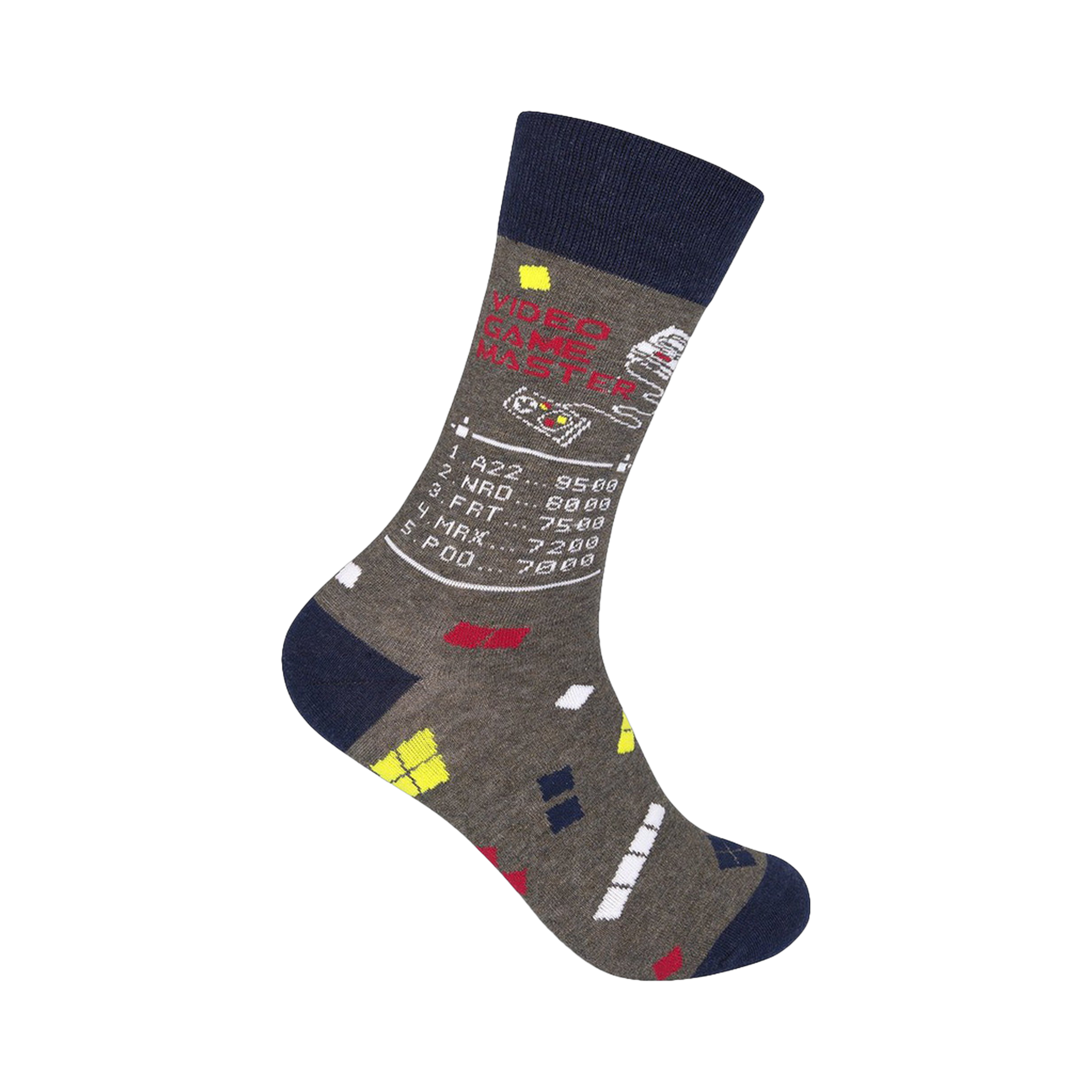 Crew socks in grey and navy blue with a retro video game-themed design, including pixelated graphics, a score screen, and the text 'Video Game Master'.