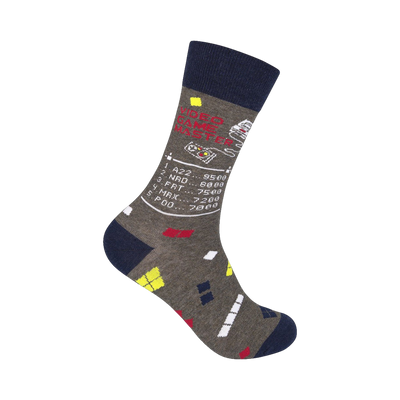 Crew socks in grey and navy blue with a retro video game-themed design, including pixelated graphics, a score screen, and the text 'Video Game Master'.