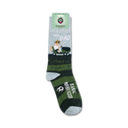 Product shot of 'This Dad Is A Real Mother Fucker' socks on a white background with packaging.