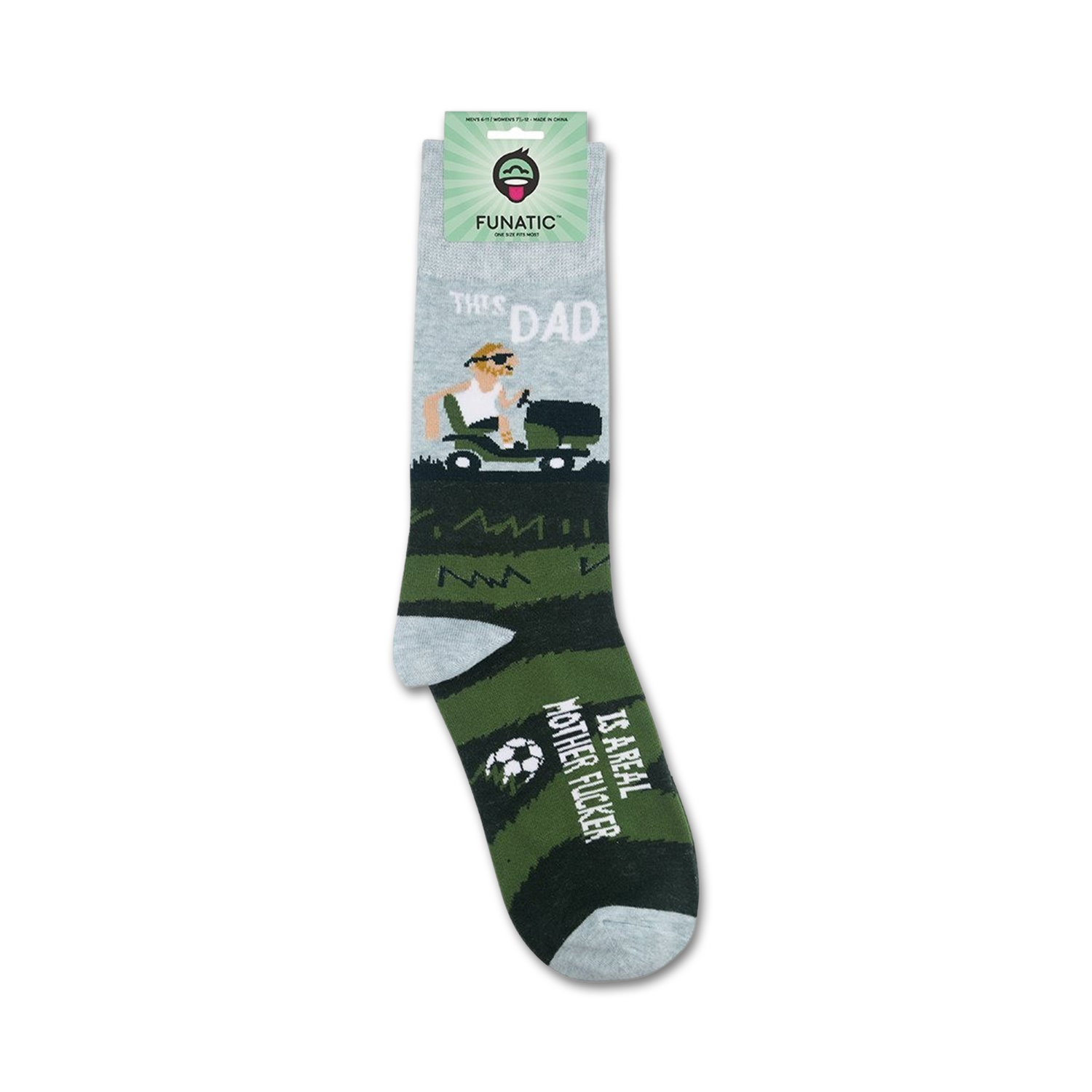 Product shot of 'This Dad Is A Real Mother Fucker' socks on a white background with packaging.