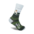 Crew socks in gray, green, and white. Design features a cartoon dad driving a golf cart and the phrase 'This Dad Is A Real Mother Fucker'.