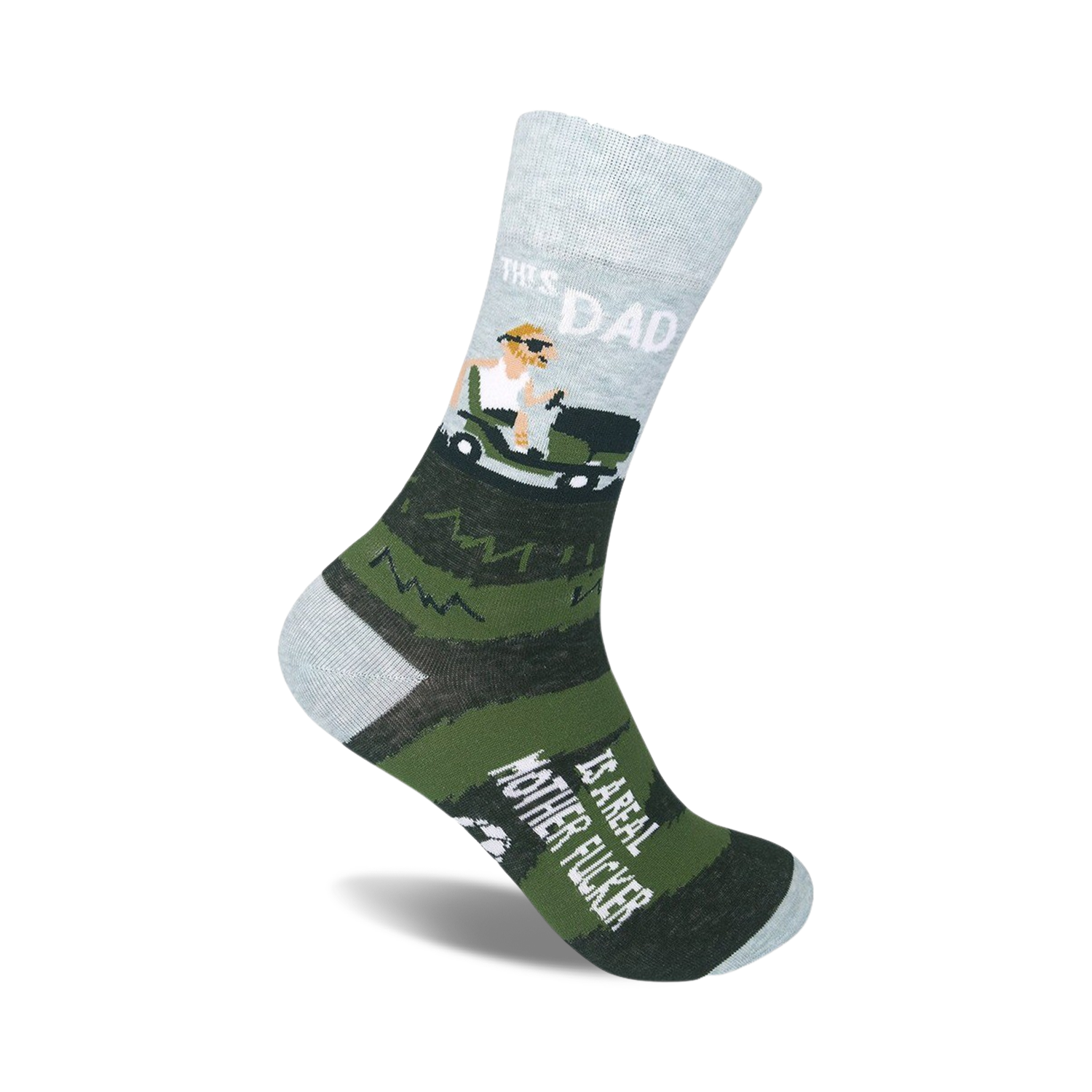 Crew socks in gray, green, and white. Design features a cartoon dad driving a golf cart and the phrase 'This Dad Is A Real Mother Fucker'.