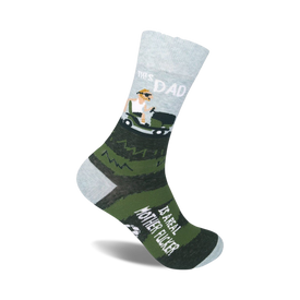 mid-calf length men's crew socks with repeating white skull pattern on dark gray background. 'this dad is a real mother fucker' printed on foot.  