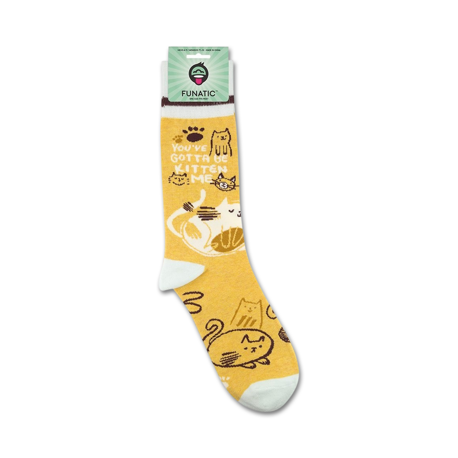 Product shot of 'You've Gotta Be Kitten Me' socks on a white background, showing packaging.