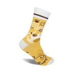 Crew socks in mustard yellow and white, featuring a playful cat design and the text 'You've Gotta Be Kitten Me'.