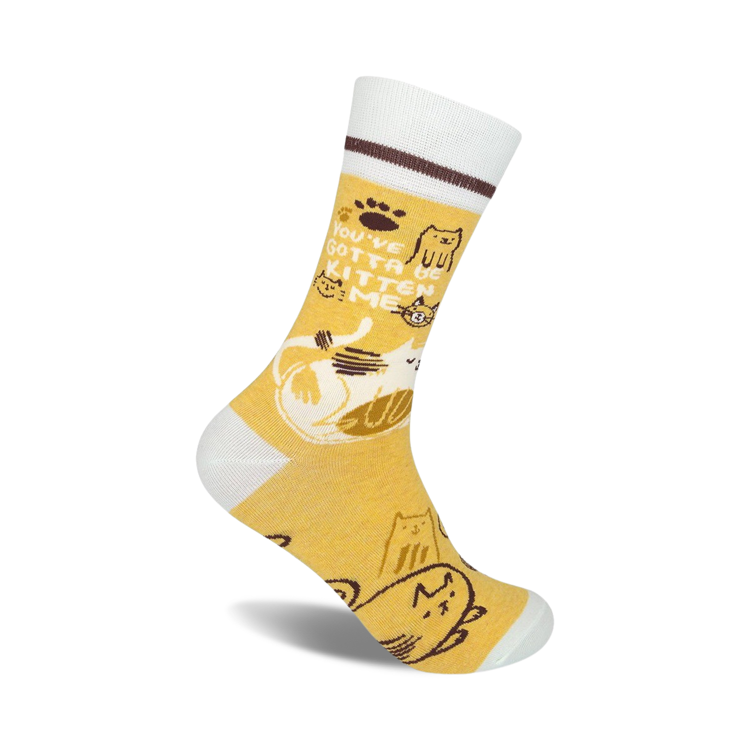 Crew socks in mustard yellow and white, featuring a playful cat design and the text 'You've Gotta Be Kitten Me'.