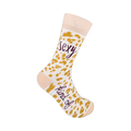 Cream crew socks with a mustard yellow leopard print and the words 'Sexy Kind Of' in purple script.