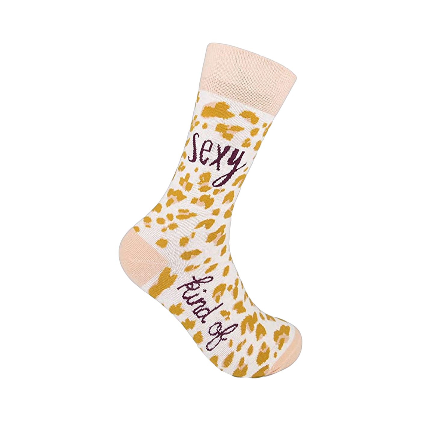 Cream crew socks with a mustard yellow leopard print and the words 'Sexy Kind Of' in purple script.