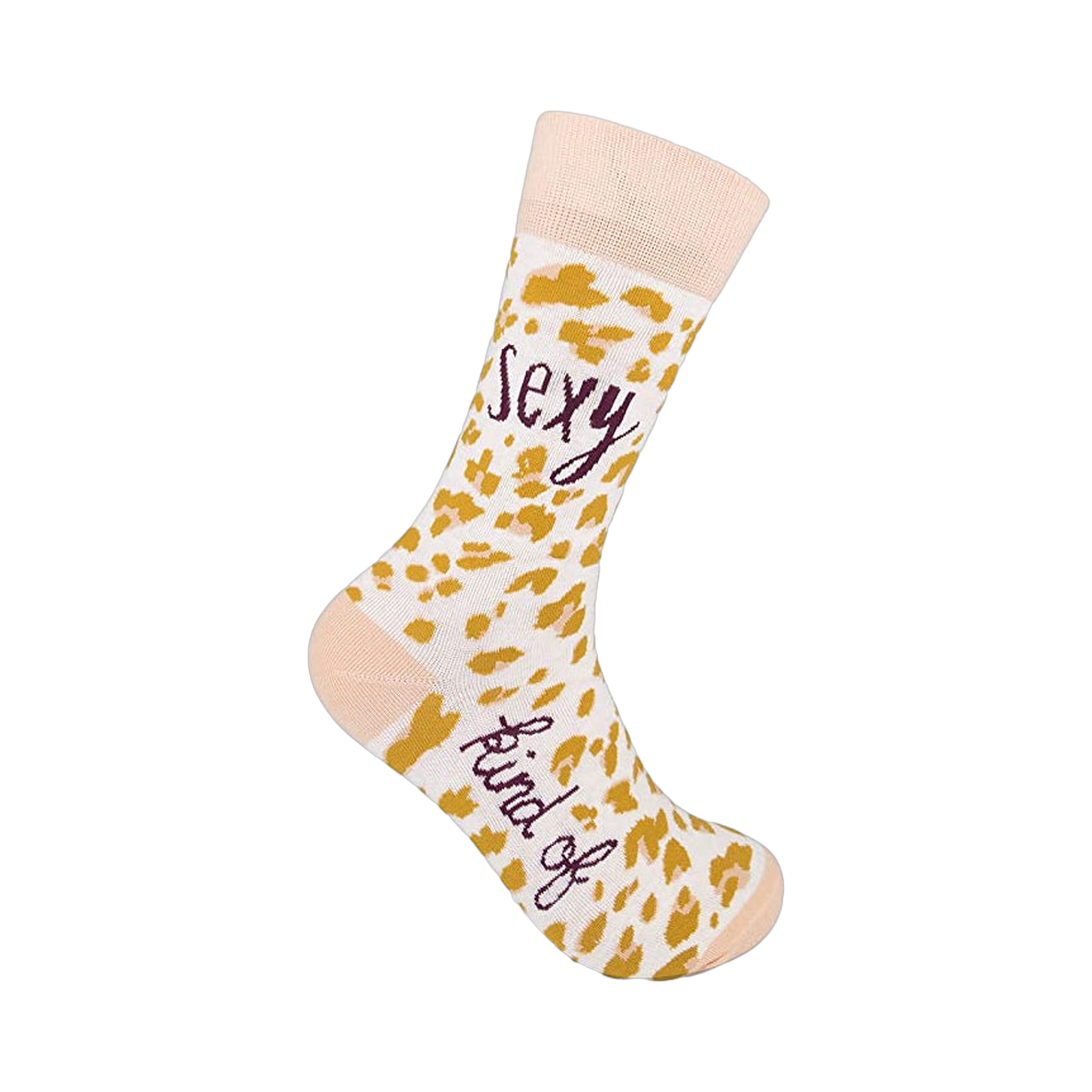 Cream crew socks with a mustard yellow leopard print and the words 'Sexy Kind Of' in purple script.