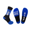 Crew socks in blue and black. One sock shows a beer can graphic, the other reads 'BEER ME ASAP'.