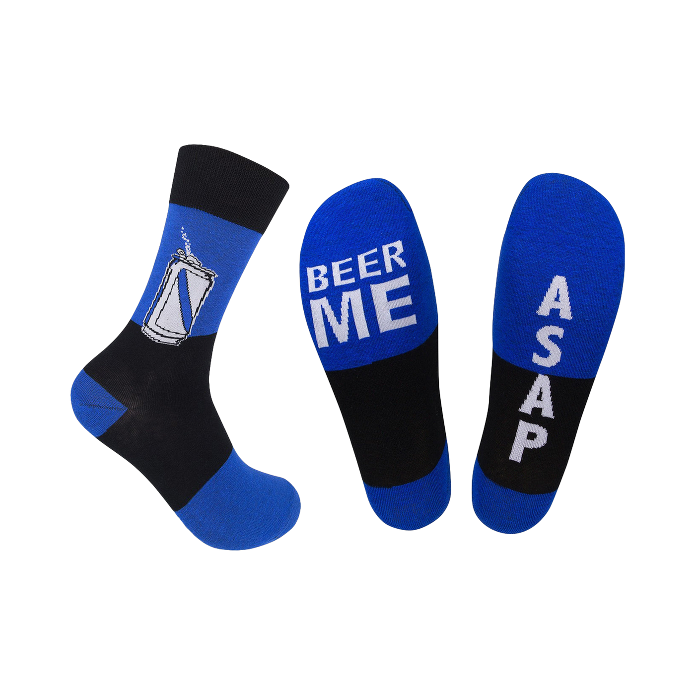 Crew socks in blue and black. One sock shows a beer can graphic, the other reads 'BEER ME ASAP'.