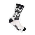 Cream crew socks with black retro music icons: boombox, cassette player, headphones, vinyl. Black stripes at the top.