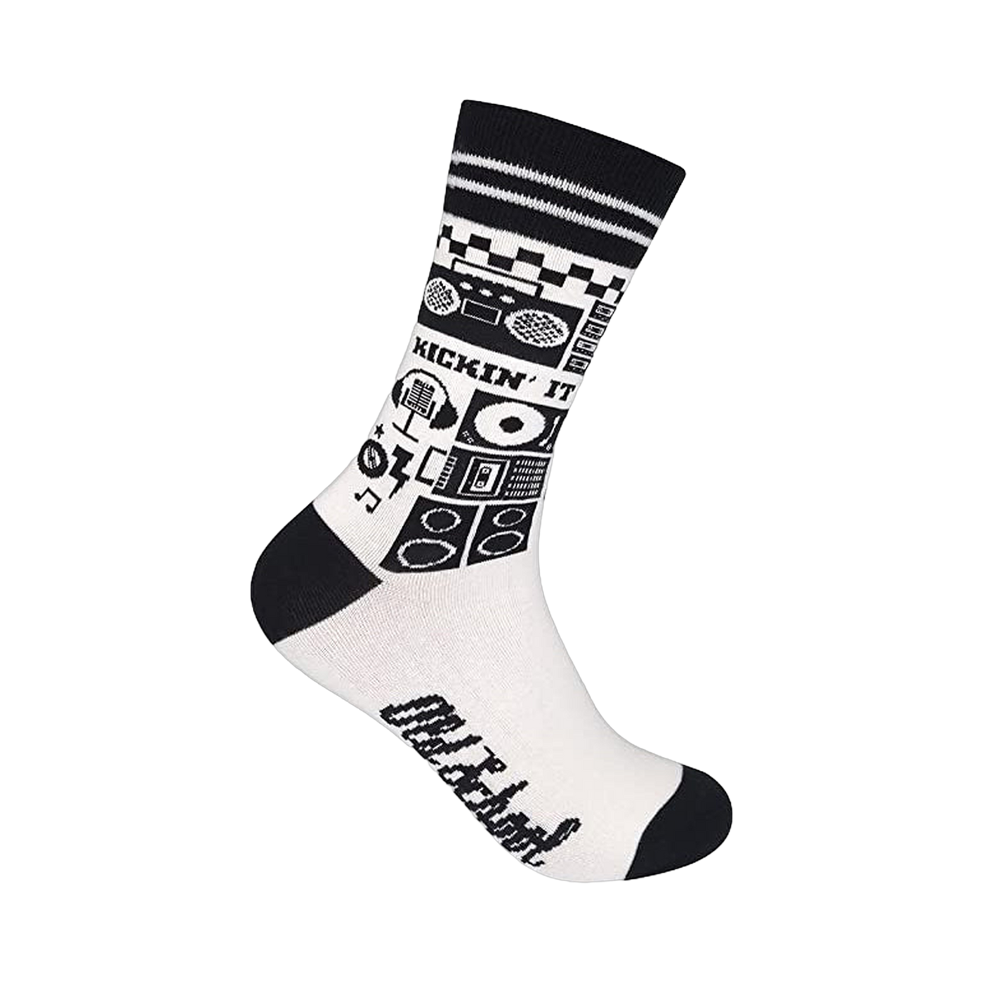 Cream crew socks with black retro music icons: boombox, cassette player, headphones, vinyl. Black stripes at the top.