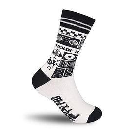 crew socks with black toes and heels, white bodies, black and white striped cuffs, and "kickin' it old school" graphics.  